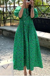 Vintage Garden Party: Summer Casual Floral Short Sleeve Retro Long Loose Green Dress