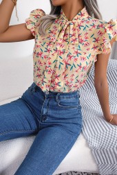 Pretty in Pink: Floral Bow Ruffles Chiffon Blouse Summer Top