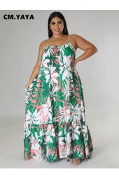 Plus Size Autumn Floral Maxi Dress with Spaghetti Straps and Ruffled Hem
