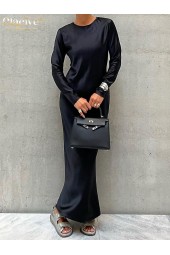 Black Satin Elegant One-Shoulder Long Sleeve Ankle-Length Silky Dress