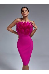 Pink Feather Bodycon Midi Dress: Elegant Club Outfit for Summer