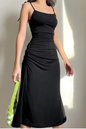 Vintage Strappy Black Backless Ruched Long Summer Dress - Irregular Elegant