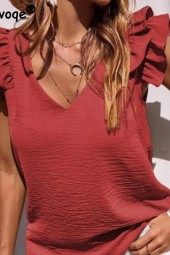 Stylish Ruffled V-Neck Blouse: Elegant Summer Streetwear Pullover Shirt