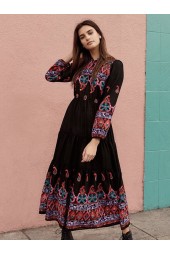 Boho Beach Long Sleeve Dress with Ethnic Embroidery