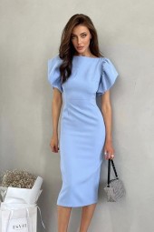 Blue Ruched Puff Sleeve Office Split Dress: Summer Elegance
