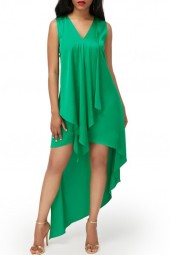 Elegant Sleeveless V-Neck Green Dress with Asymmetric Hem