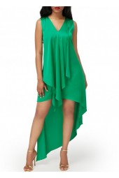 Sleeveless Asymmetric Hem V Neck Green Dress
