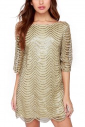 Gold Round Neck Hollow Out Sequins Scalloped Hem Shift Dress