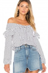 White Off Shoulder Polka Dot  Ruffled Knotted Long Sleeve  Blouse