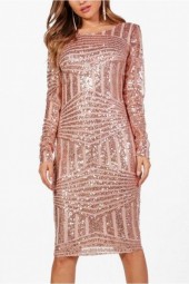 Pink Mesh Sparkle Sequined Backless Long Sleeve  Bodycon Dress