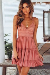Pretty in Pink: Spaghetti Strap Crochet Cutout Pleated Knotted A-Line Dress