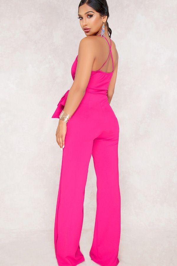 Fuchsia Flair: Plunging Sleeveless Wrap Tied Casual Jumpsuit