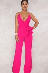Fuchsia Flair: Plunging Sleeveless Wrap Tied Casual Jumpsuit