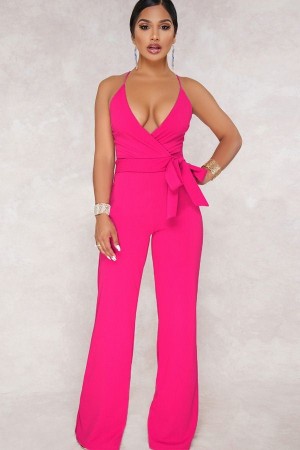 Fuchsia Plunging Sleeveless Wrap Tied Casual Jumpsuit