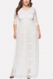 Elegant White Half Sleeve Lace Plus Size Dress with Pockets
