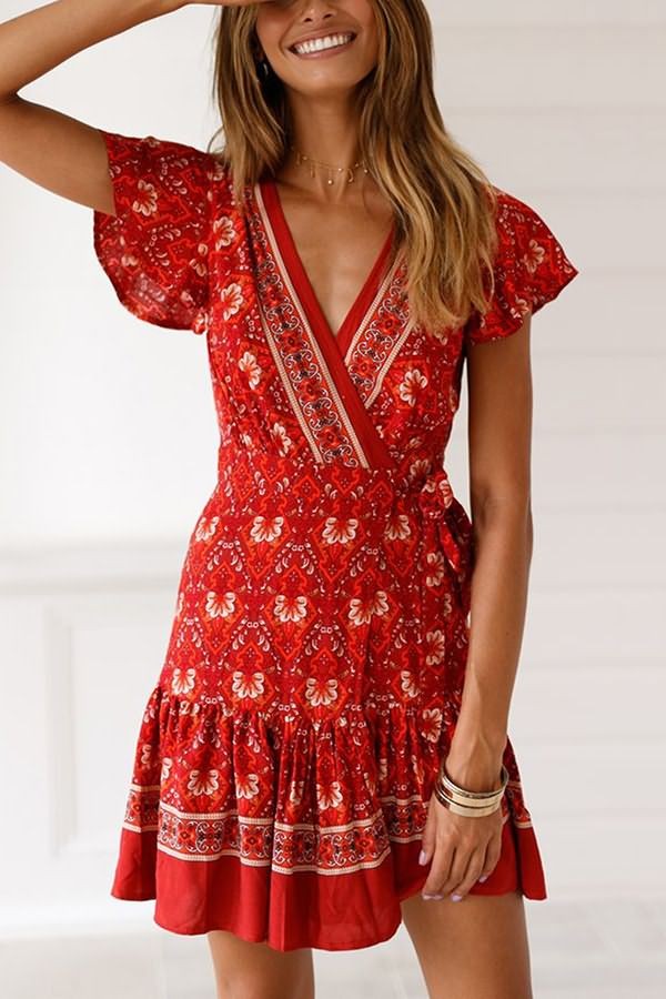 Romantic Red Floral V-Neck Wrap Dress with Flirty Ruffles Hem