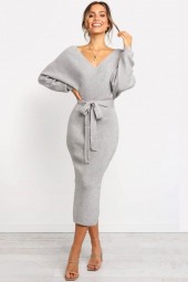 Chic Gray Wrap-Tied Long Sleeve Bodycon Sweater Dress
