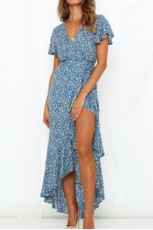 Summer Long Maxi Boho Style Floral Beach Dress Short Sleeve