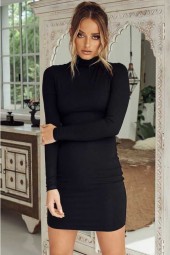 Sleek and  Black High Neck Long Sleeve Bodycon Mini Dress