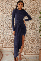 Glitter Mock Neck Asymmetric Hem Dress Long Sleeve Glitter Mock Neck Asymmetric Hem Dress Long Sleeve