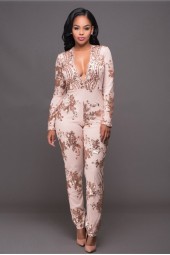Glamorous Glitter Sequin Jumpsuit: Deep Neck Long Sleeve Bodycon Mesh Patchwork Rompers for Club Parties