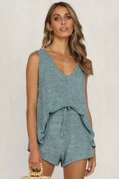 Summer Breeze: Light Blue Crochet V-Neck Drawstring Tank Top & Shorts Set