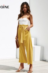 Casual Cotton Linen High Waist Wide Leg Summer Autumn Office Band Loose Palazzo Trousers Black Yellow Pants
