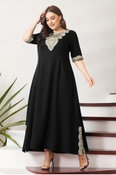 Plus Size Vintage Lace Patchwork Split Hem Solid Half Sleeve Party Prom Long Maxi Black  Dress