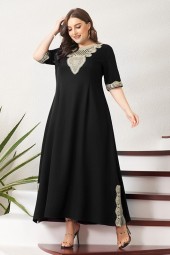 Plus Size Vintage Lace Patchwork Split Hem Solid Half Sleeve Party Prom Long Maxi Black  Dress