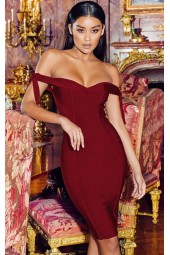 Luxurious Wine Red Off-Shoulder Bandage Bodycon Dress - Elegant Knee-Length Evening Party Clubwear in Black