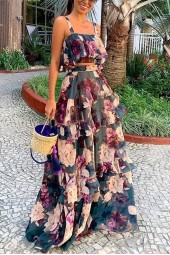 Bohemian Floral Suits Two Piece Set Short Top Camis Femeal Summer Casual Pieces Suit Dress For