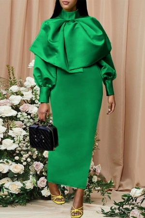 Celebratory African Event Gown: Maxi Dress with Long Lantern High Neck, Bodycon Fit, and Shiny Glitter Bow for Birthdays and Christmases