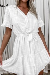 White Summer Elegance: Cotton Neck Short Sleeve Ruffle Weing Guest Dress