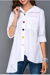 Women's Summer Style: Irregular Thin Office Shirt Top with Colorful Buttons and Long Sleeves