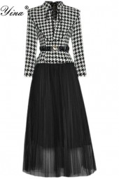 Elegant Spring Style: Designer Houndstooth Top & Mesh Skirt Pieces Set with Long Sleeve Sashes