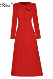 Luxurious Red Runway Dress with Oneck Bow, Long Sleeve and Split Thickened Design for Autumn/Winter