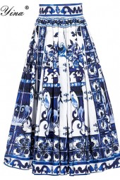 Summer Porcelain Vacation: Cotton High Waist Blue & White Midi Skirts