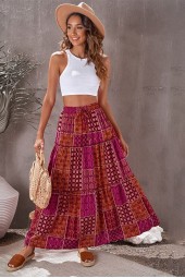 Vintage Ethnic Plaid Loose Summer Casual Ruffles High Waist Skirt Elegant Beach Wear Long Skirts