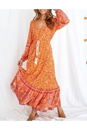 Vibrant Orange Bohemian Maxi Dress with Floral Elastic Waist and Rayon Cotton Blend