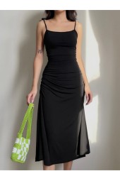 Stunning Strappy Ruched Black Irregular Elegant Backless Long Summer Dress