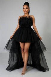 Glamorous Tiered Tulle Prom Dress - Elegant High Low Strapless Gown in Black, Pink, and Purple
