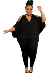 Stylish Plus Size Twopiece Set: Solid Color Casual Blouse and Trousers Outfit T-Shirt and Trousers