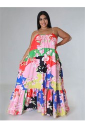 Plus Size Floral Slip Maxi Dress with Sweet Big Hem Draping