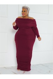 Gorgeous Plus-Size Elegance: Solid Off-Shoulder Long Sleeve Draped Bodycon Stretch Maxi Dress