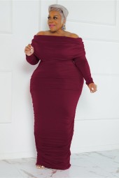 Gorgeous Plus-Size Elegance: Solid Off-Shoulder Long Sleeve Draped Bodycon Stretch Maxi Dress