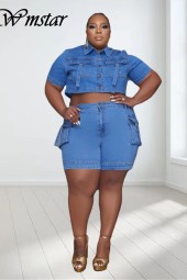 Plus Size Denim Two Piece Set Shorts Sets with Pockets Top and Matching Pants