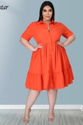 Plus Size Summer Solid Button Casual Turn Down Collar Knee Length Ruffle Shirt Dress