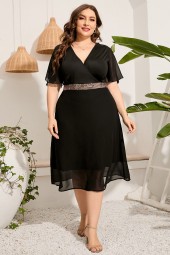 Casual Summer Neck Short Sleeve Sequined Elegant Black Long Dress