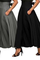 Elegant High Waist Vintage Flared Satin Dress with Pleated Long Skirt