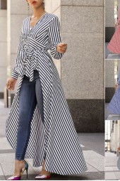 Stripe Sleeve Vneck Maxi Tunic Blouse: Casual Long Tops for Business